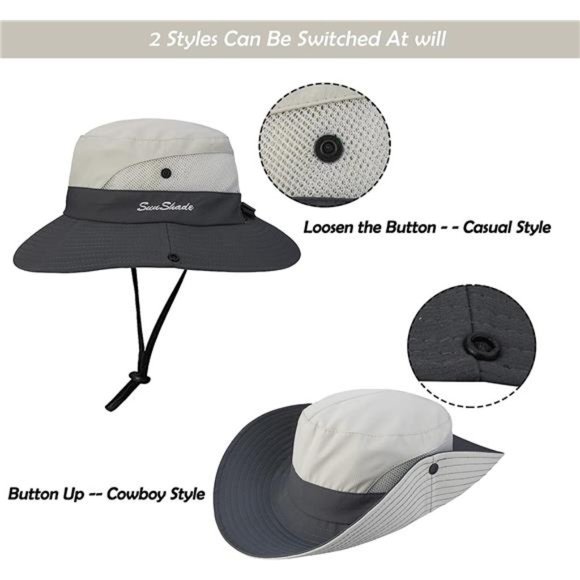 Women's Outdoor UV Protection Sun Hats Mesh Beach Fishing Hat Ponytail Hole - Picture 6 of 7